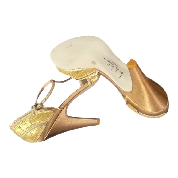 Nicole Miller Couture Formal Holiday Gold Satin Leather Women's Heels 8 1/2B - Picture 4 of 8